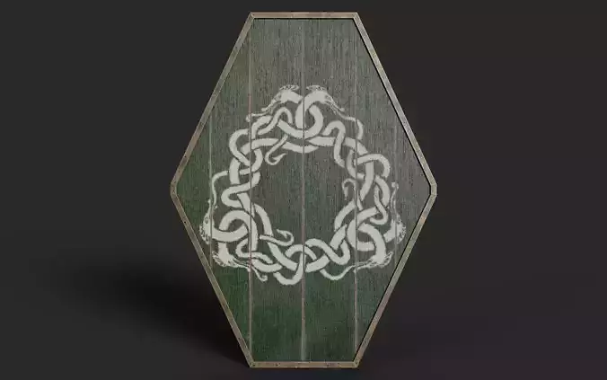 Slavic diamond-shaped shield painted green with uroboros symbol Low-poly 3D model