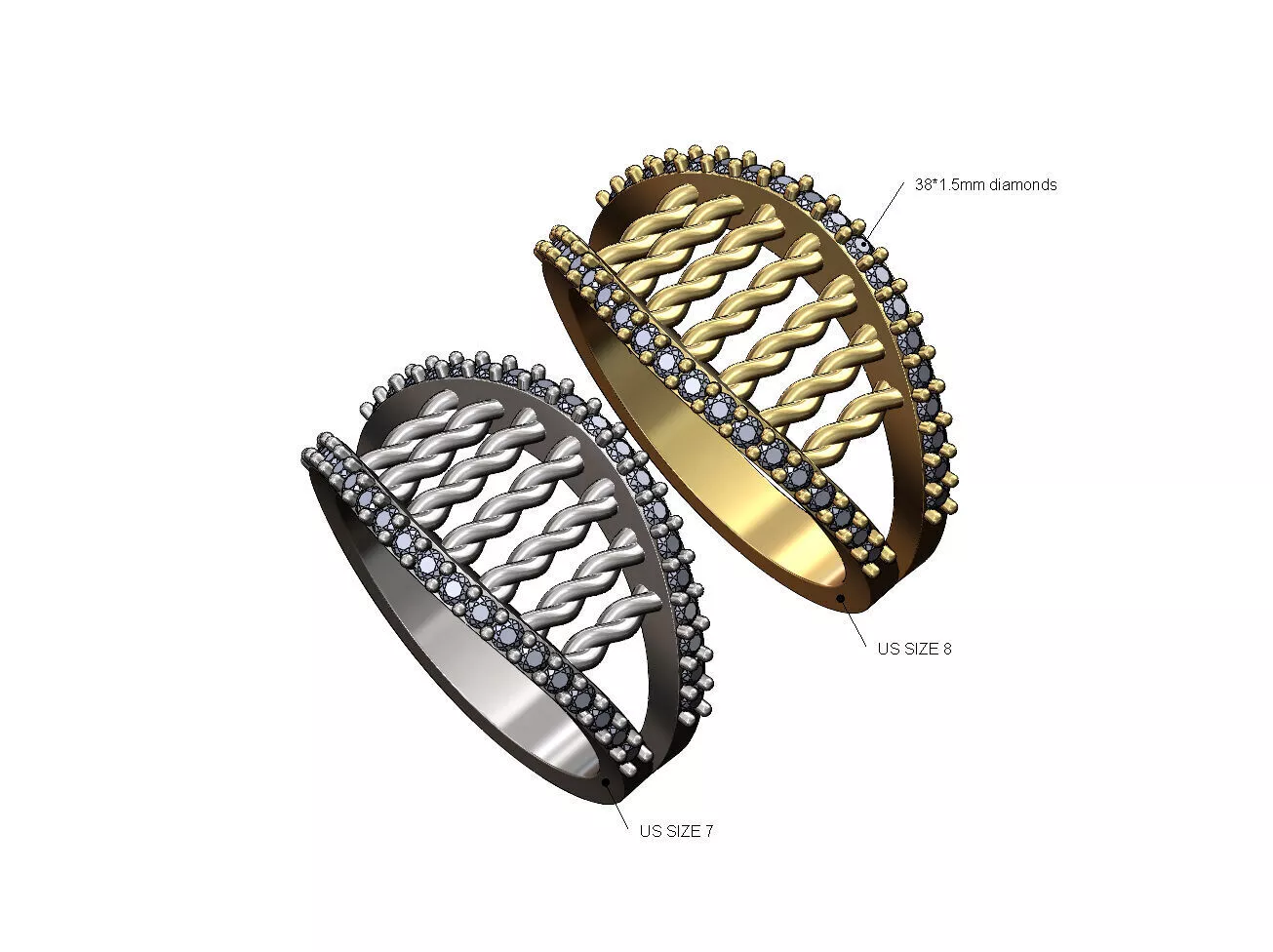 Braided wire mesh diamond lips fashion ring US sizes 7 8 3D print model
