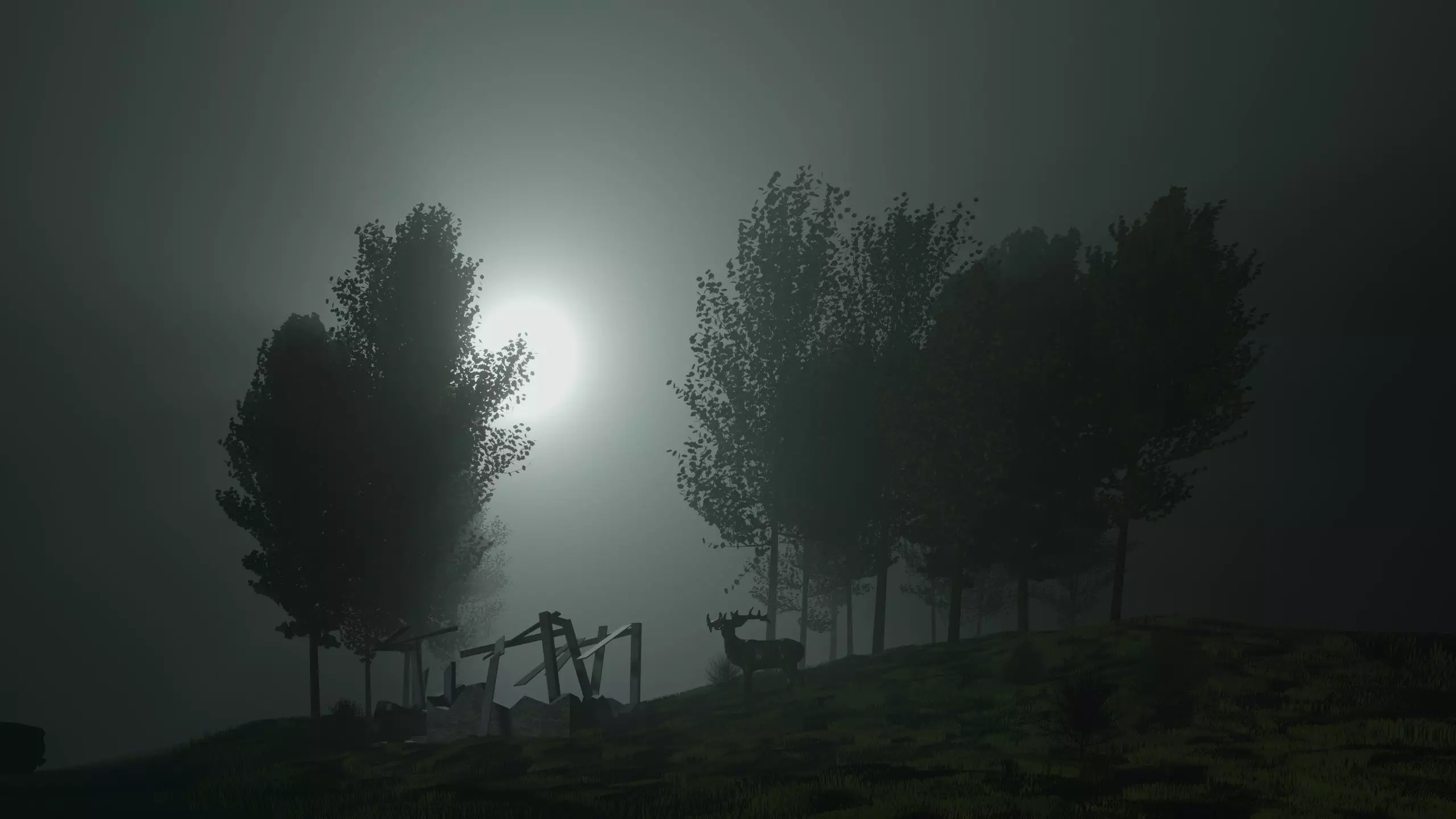 Forest-Car-Deer-Field-Grass graveyard with trees in fog Free 3D model_0