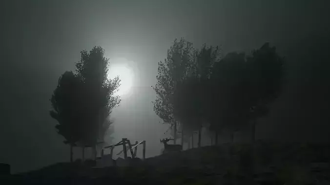 Forest-Car-Deer-Field-Grass graveyard with trees in fog