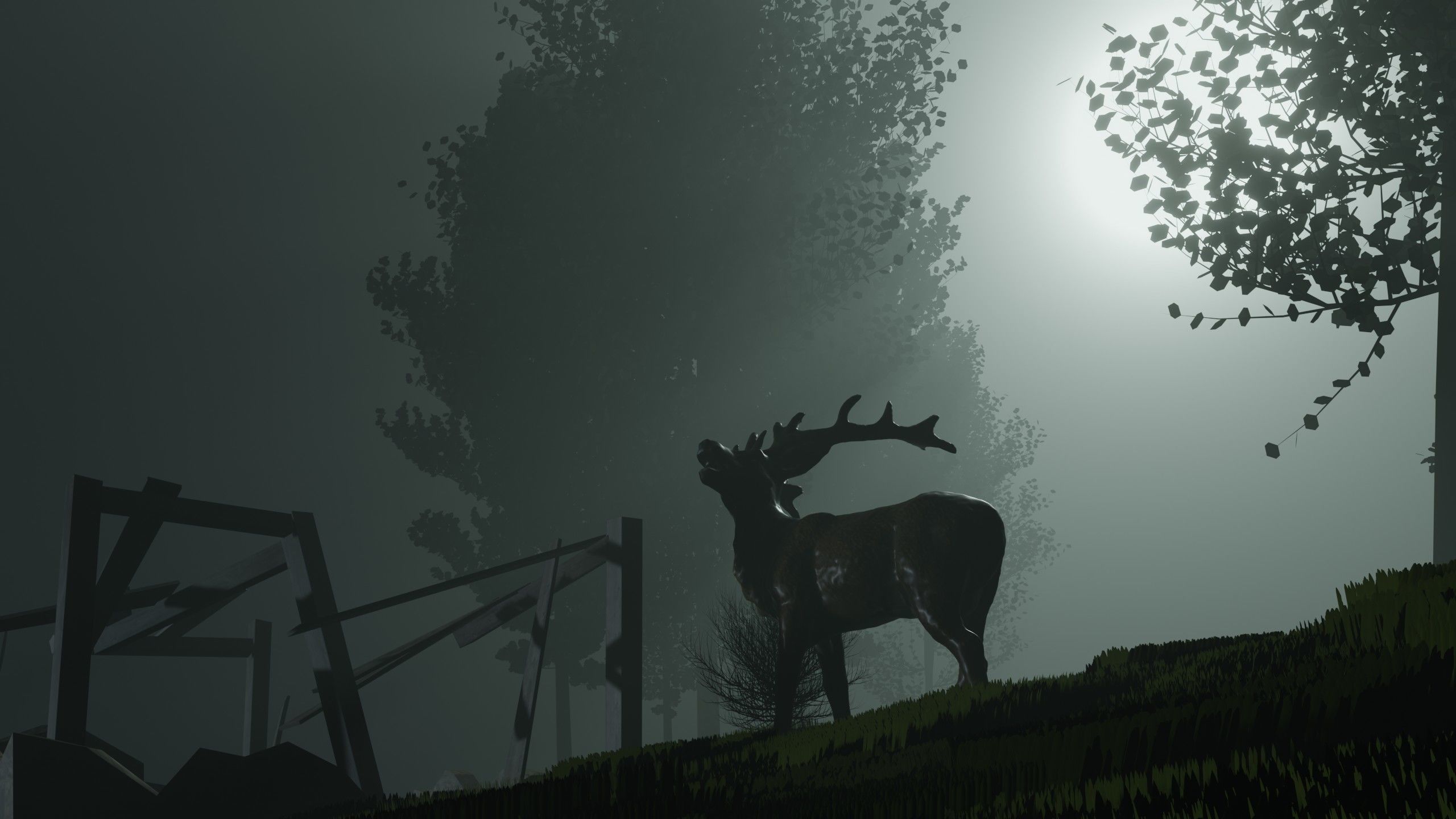 Forest-Car-Deer-Field-Grass graveyard with trees in fog Free 3D model_1