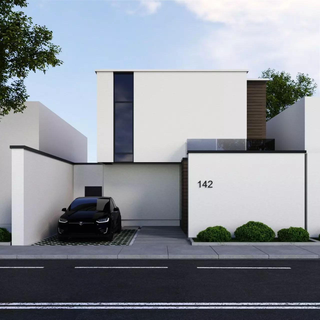 exterior high tech house model with car model tesla X 3D model_0