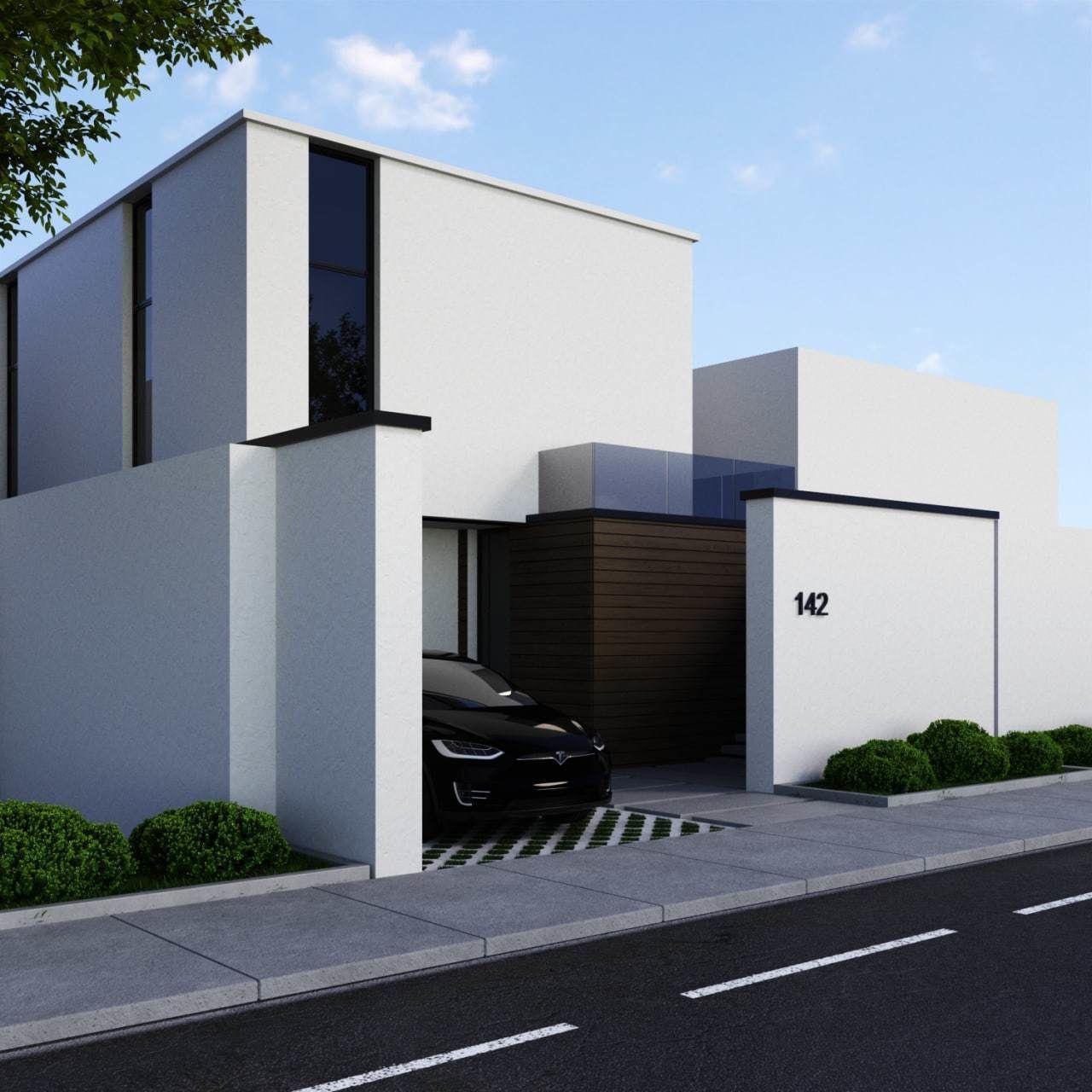 exterior high tech house model with car model tesla X 3D model_2