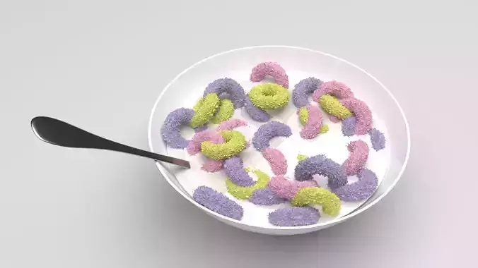 Bowl of Yellow Pink and Purple Cereals