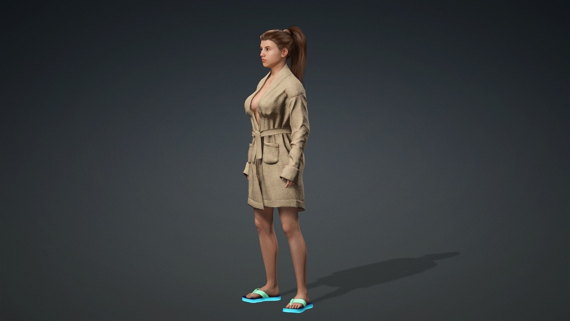 Model03 woman in trench coat and flip flops 3D model_1
