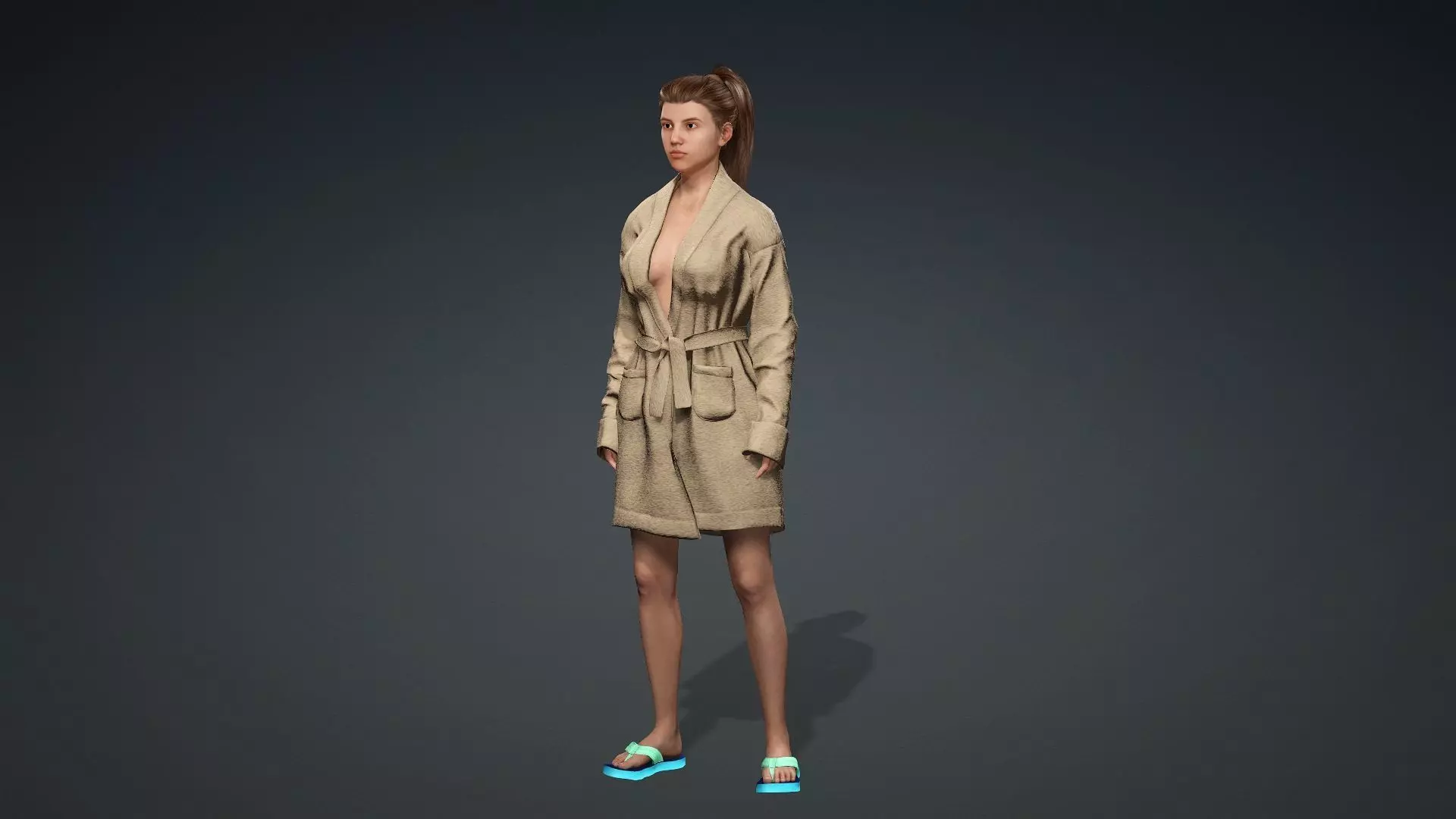 Model03 woman in trench coat and flip flops 3D model_0