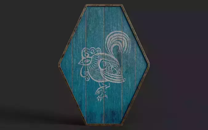 Slavic diamond-shaped shield painted blue with rooster symbol Low-poly 3D model