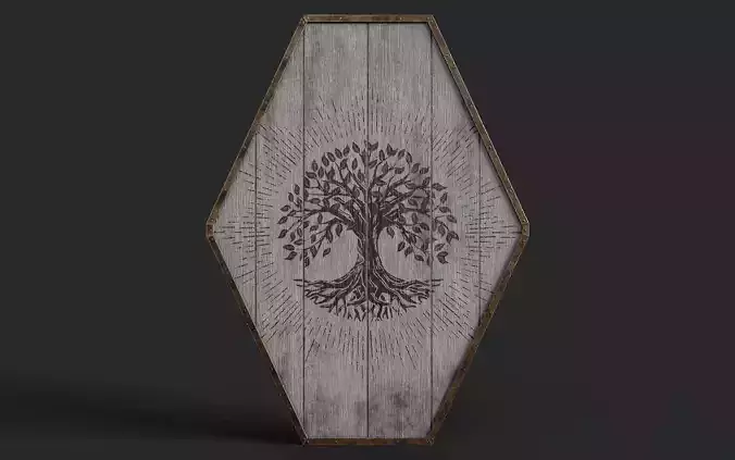 Slavic diamond-shaped shield painted white with yggdrasil symbol