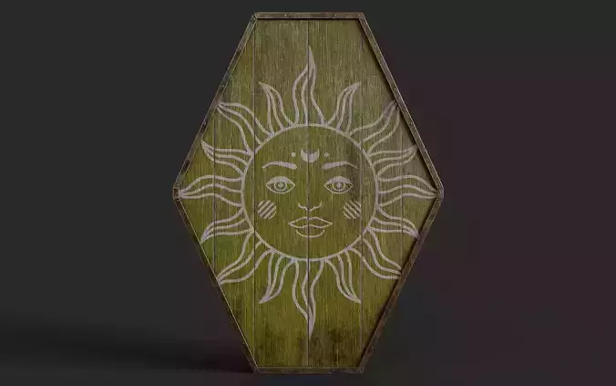 Slavic diamond-shaped shield painted yellow with sun symbol