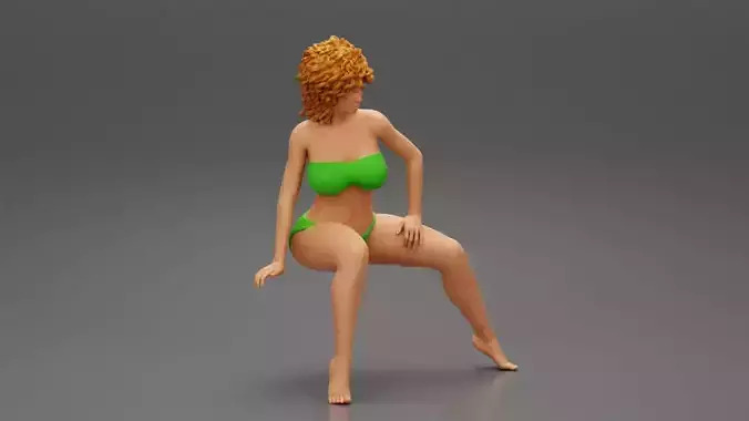 Young Woman Sitting in bikini with Curly Hair