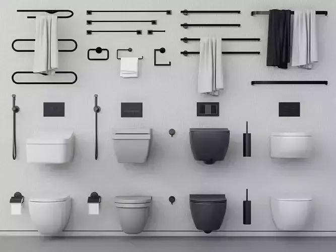 Wall Hung Toilet and towel holder 3D model 
