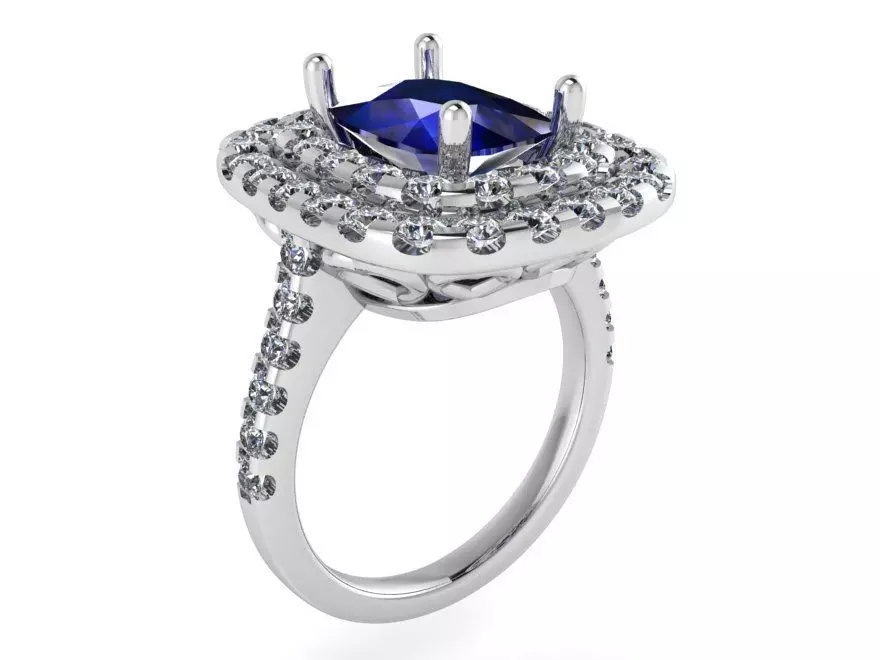 2-Row diamond ring with Blue stone 2355 3D print model 3D print model