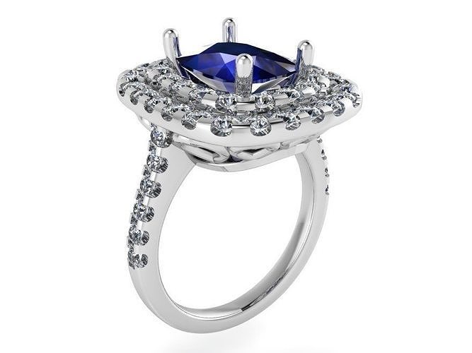 2-Row diamond ring with Blue stone 2355 3D print model 3D print model
