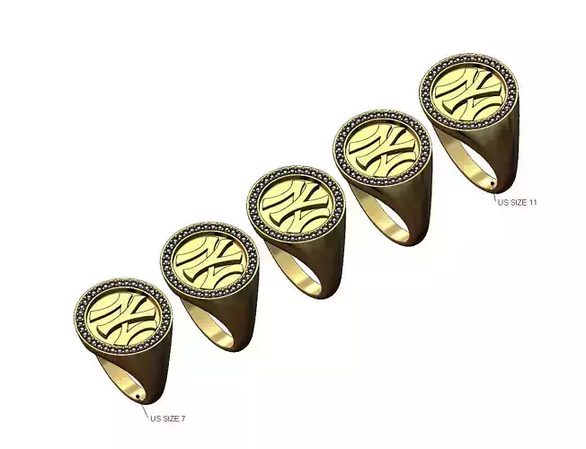 Diamond New york yankees round signet ring US sizes 7to11 3D print model