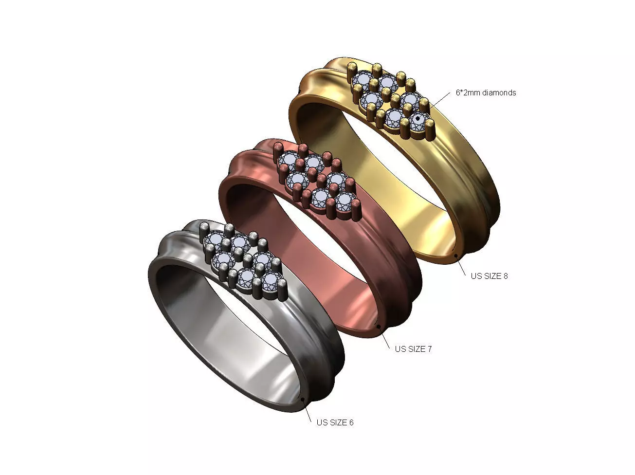 Rounded lip triangular cluster diamond ring Us sizes 6 7 8 3D print model