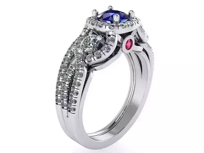 Blue stone diamond ring with rows 2372 3D print model 