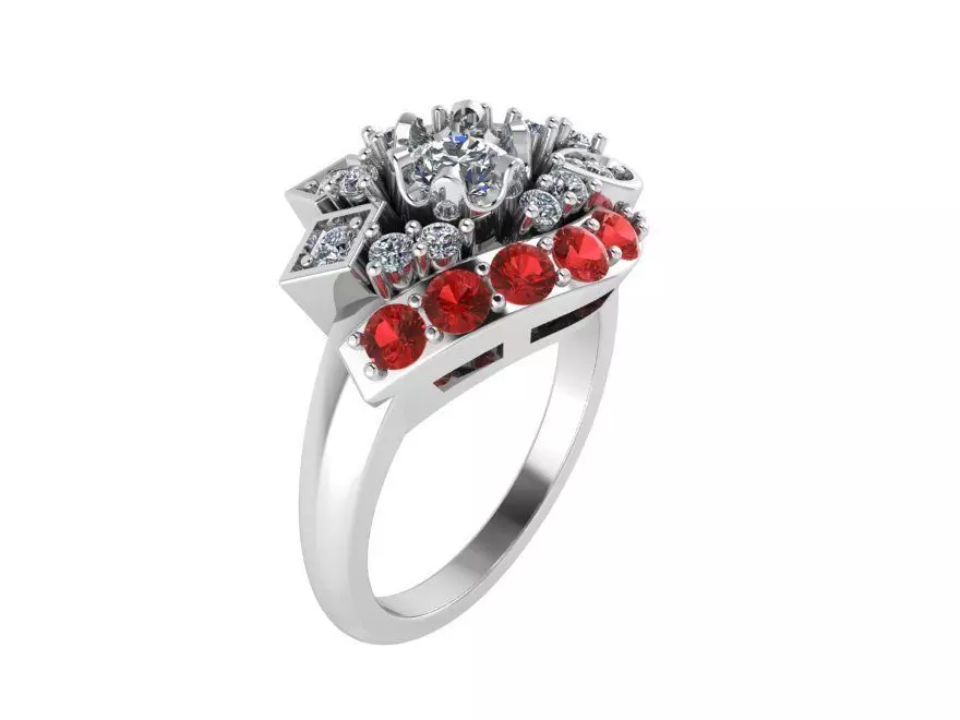 Red stone opened flower diamond ring 2390 3D print model 3D print model_0