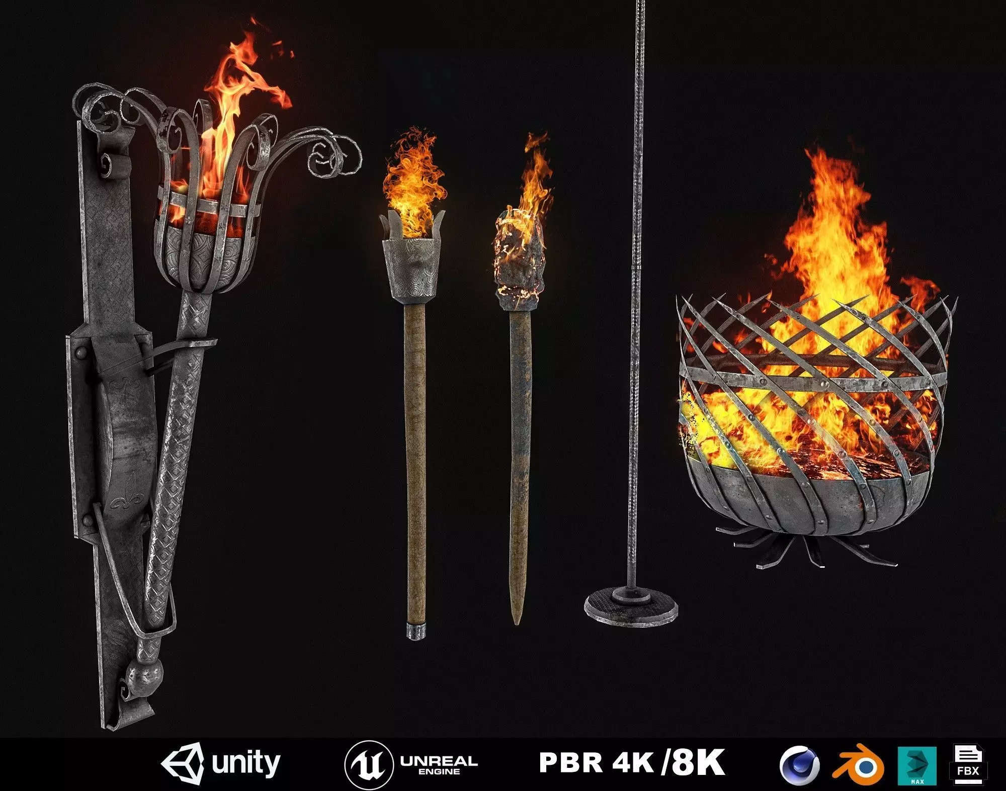 Medieval Torch Pack Low-poly 3D model