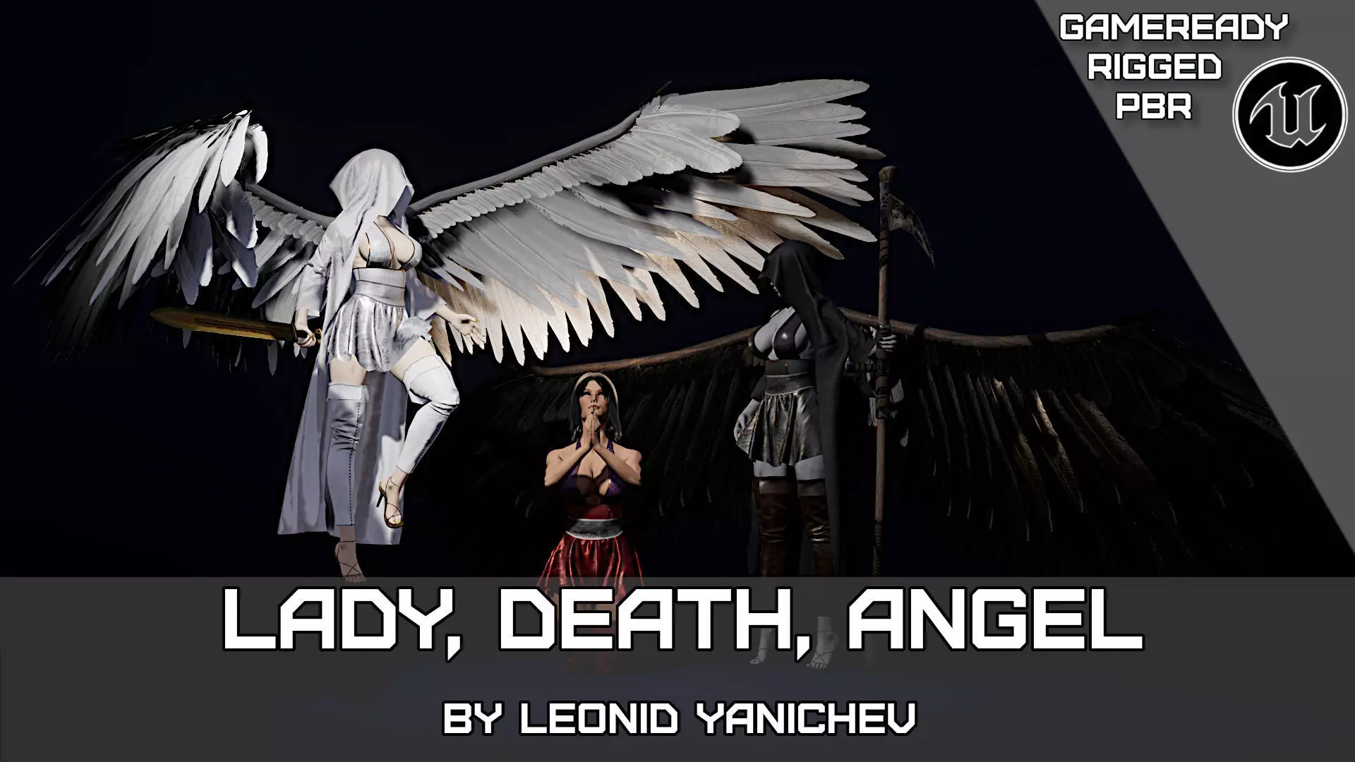 Lady Death Angel female character with 3 texture sets rigged Low-poly 3D model_0