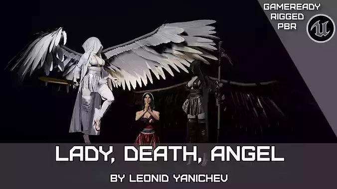 Lady Death Angel female character with 3 texture sets rigged Low-poly 3D model