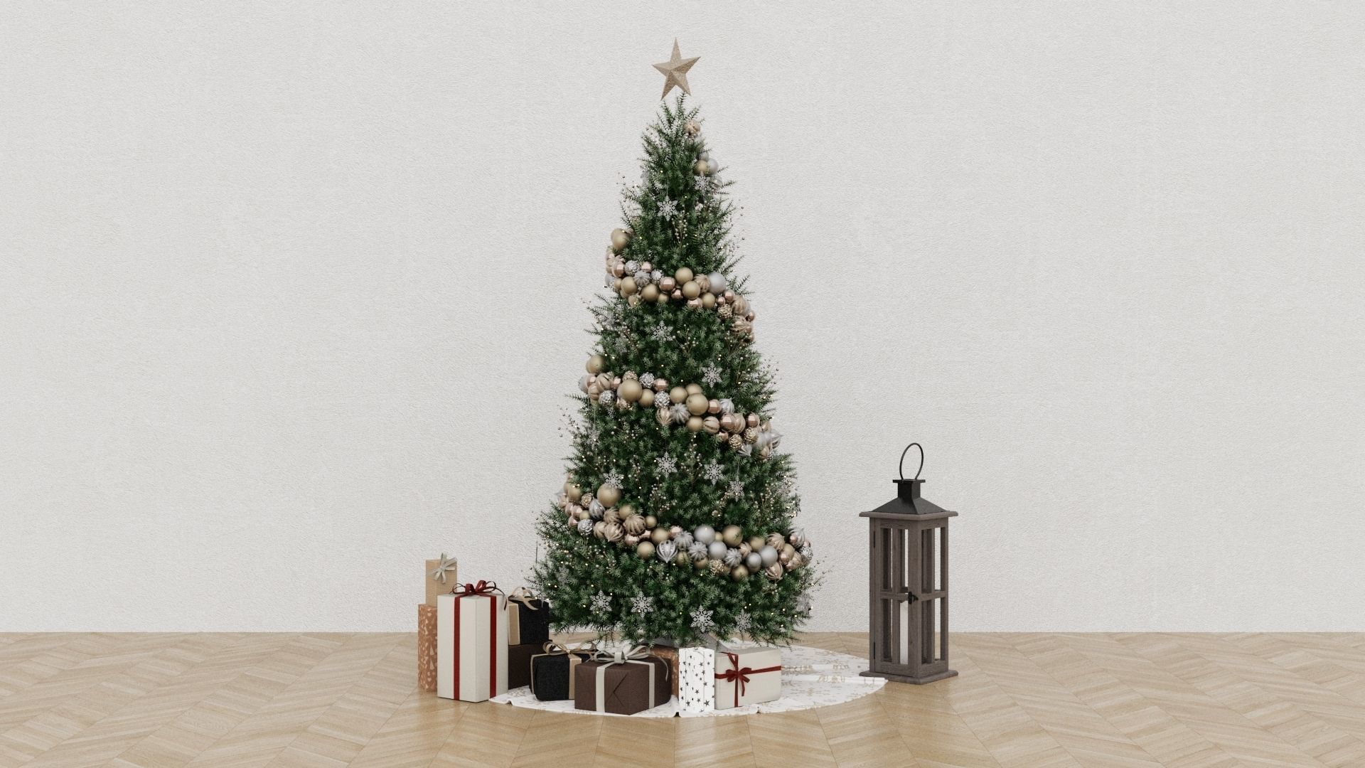 Christmas Tree 4 with gifts and old wooden lamp New year 3D model_5