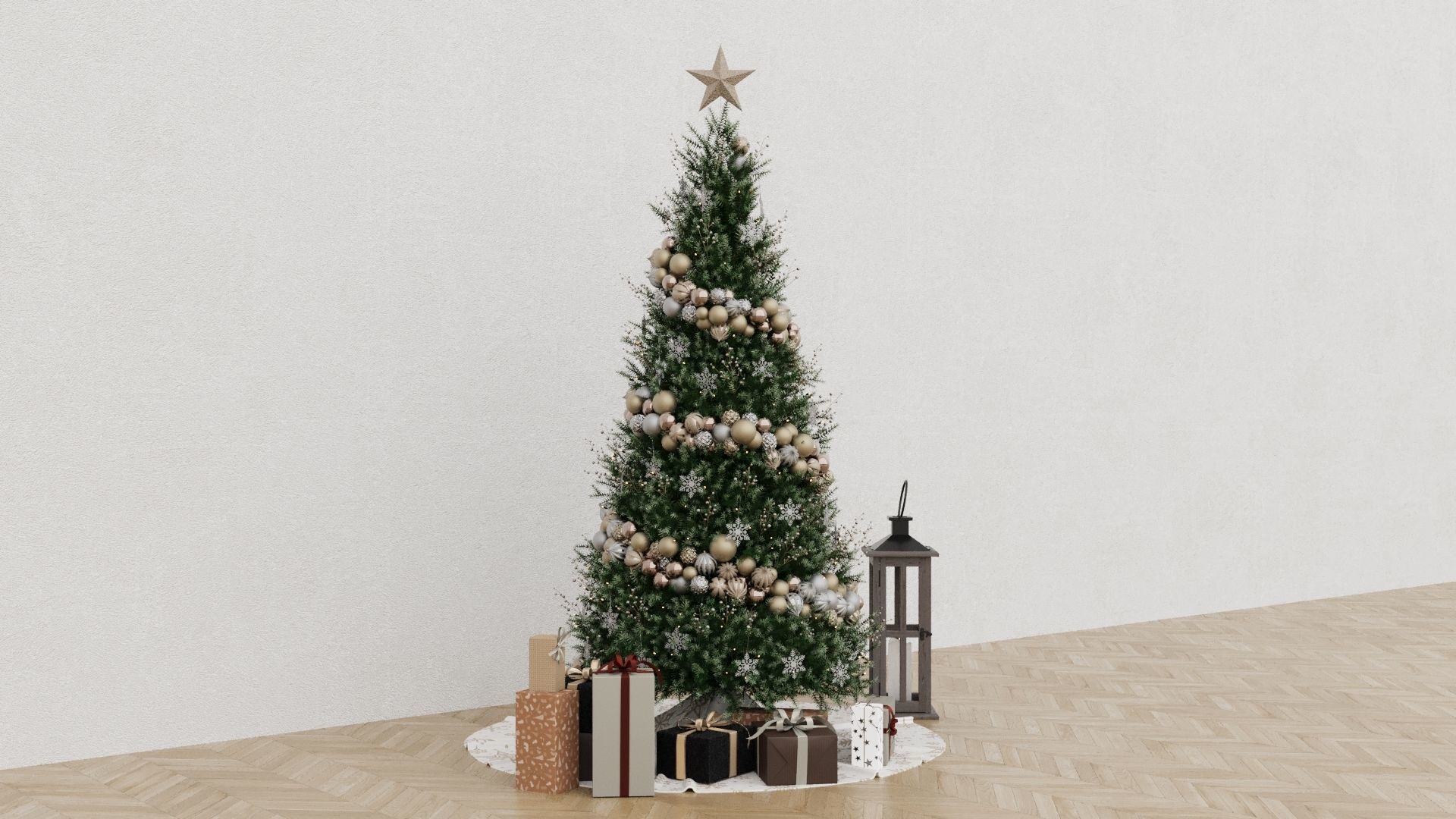 Christmas Tree 4 with gifts and old wooden lamp New year 3D model_3