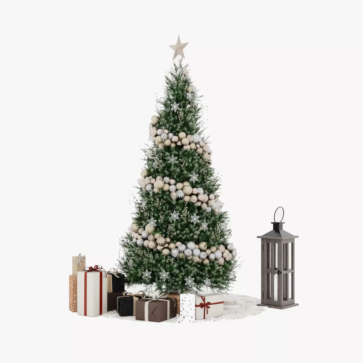 Christmas Tree 4 with gifts and old wooden lamp New year 3D model_0