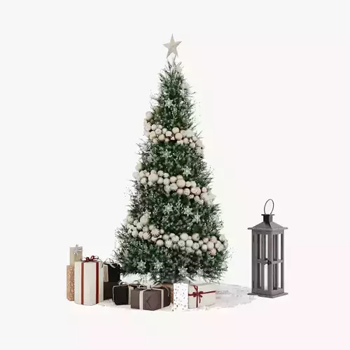 Christmas Tree 4 with gifts and old wooden lamp New year