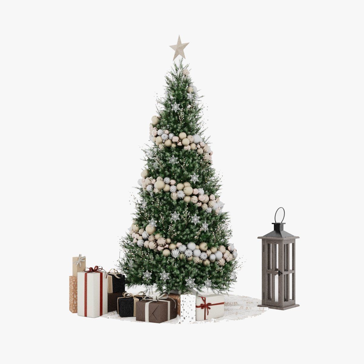 Christmas Tree 4 with gifts and old wooden lamp New year 3D model_2