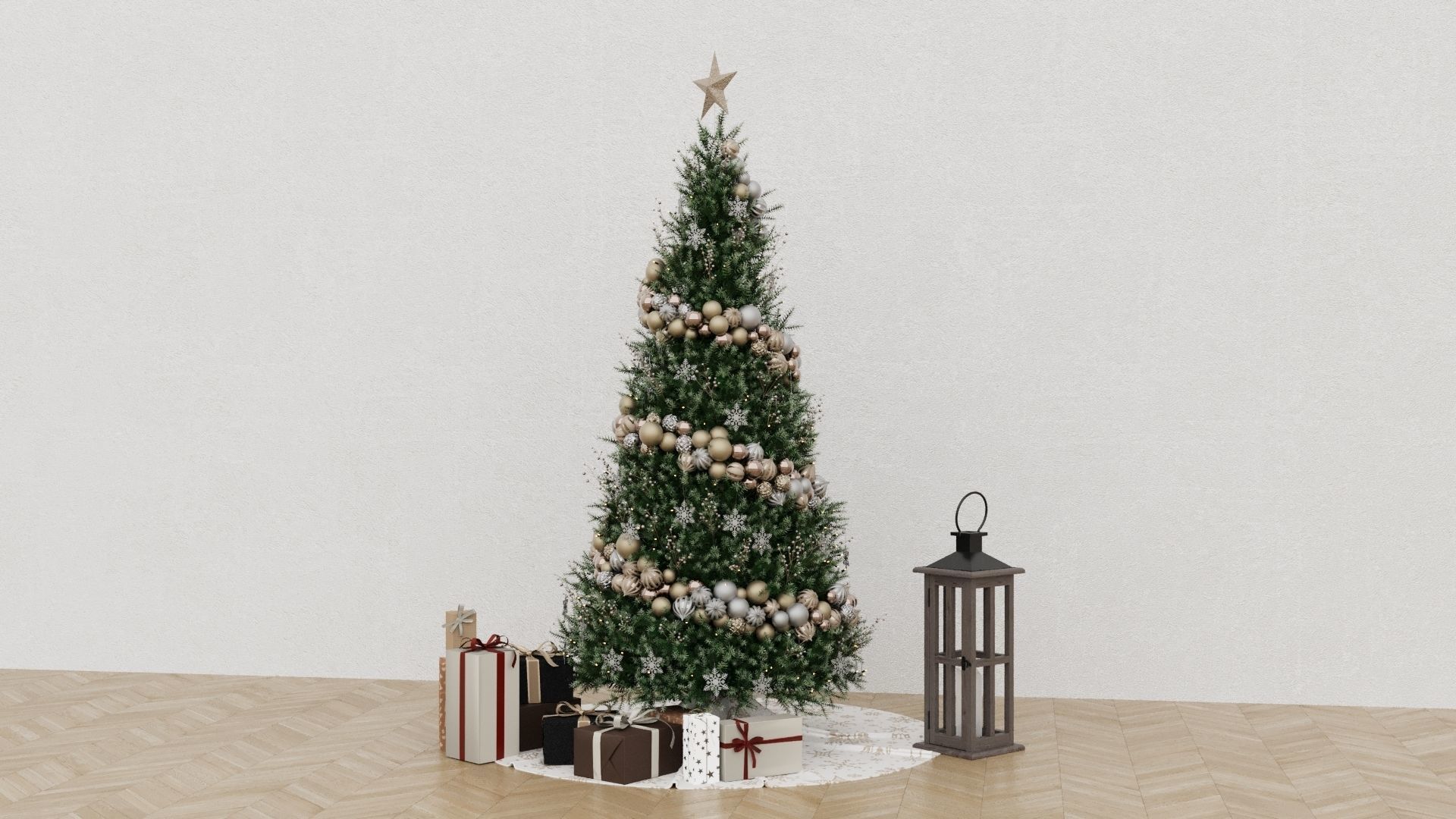 Christmas Tree 4 with gifts and old wooden lamp New year 3D model_1