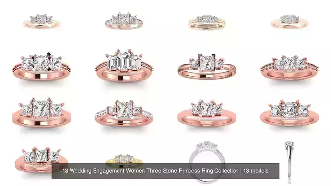 13 Wedding Engagement Women Three Stone Princess Ring Collection 