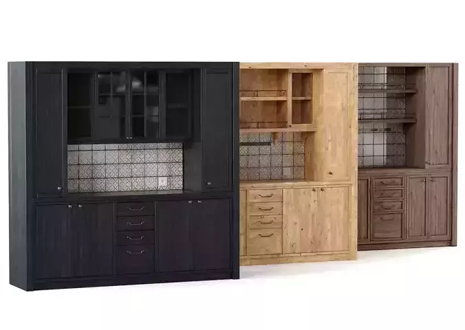 Classic kitchen cabinet and counter with ceramic tiles and wire