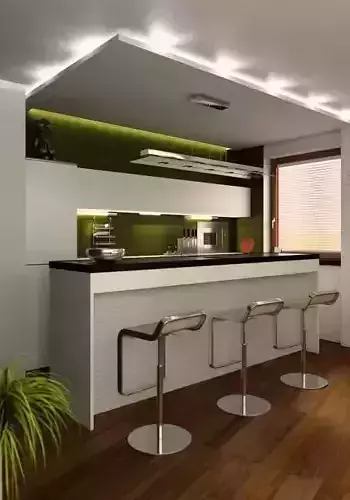 Green Clean Kitchen With A Bar Table Plant And Chairs Scene Archinteriors Vol 4