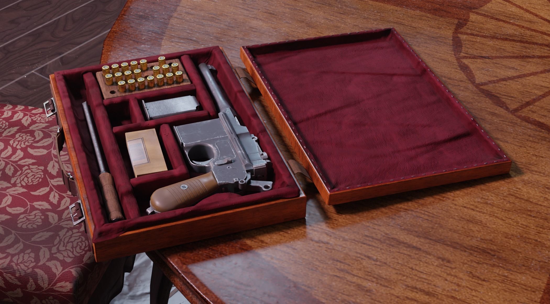 Mauser C96 Broomhandle with carry  case low poly game asset Low-poly 3D model_2