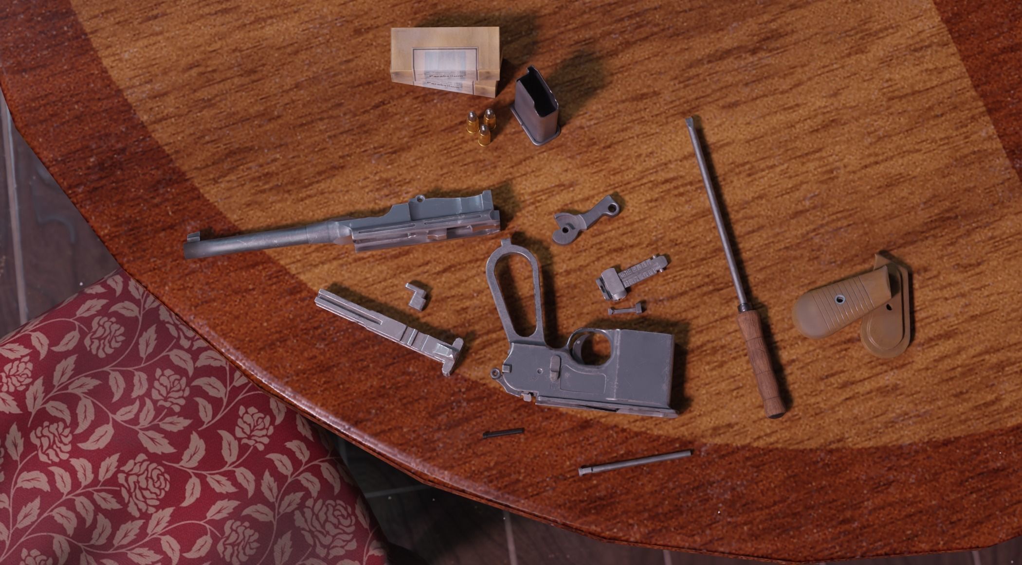 Mauser C96 Broomhandle with carry  case low poly game asset Low-poly 3D model_6