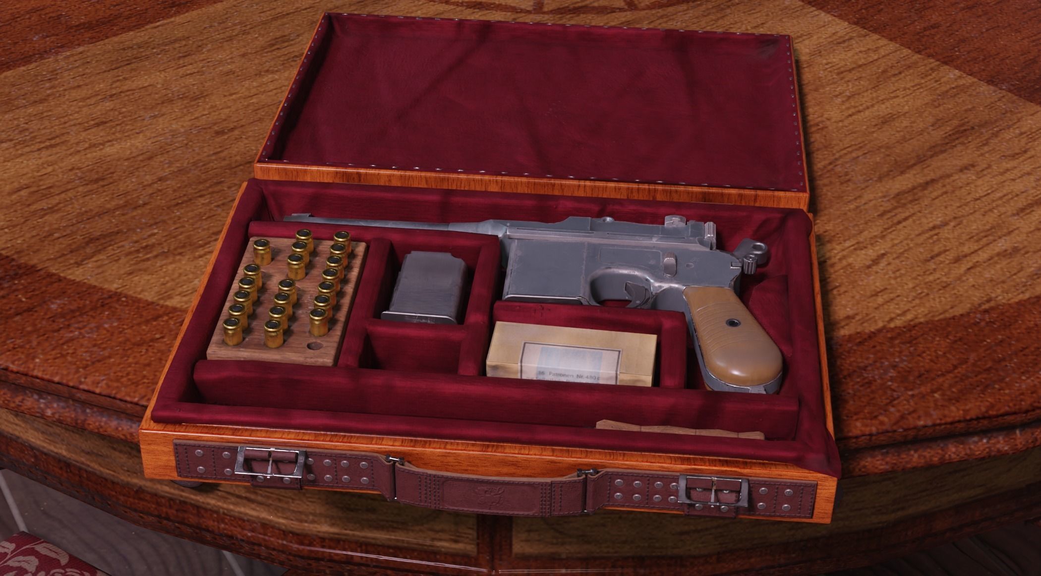 Mauser C96 Broomhandle with carry  case low poly game asset Low-poly 3D model_3