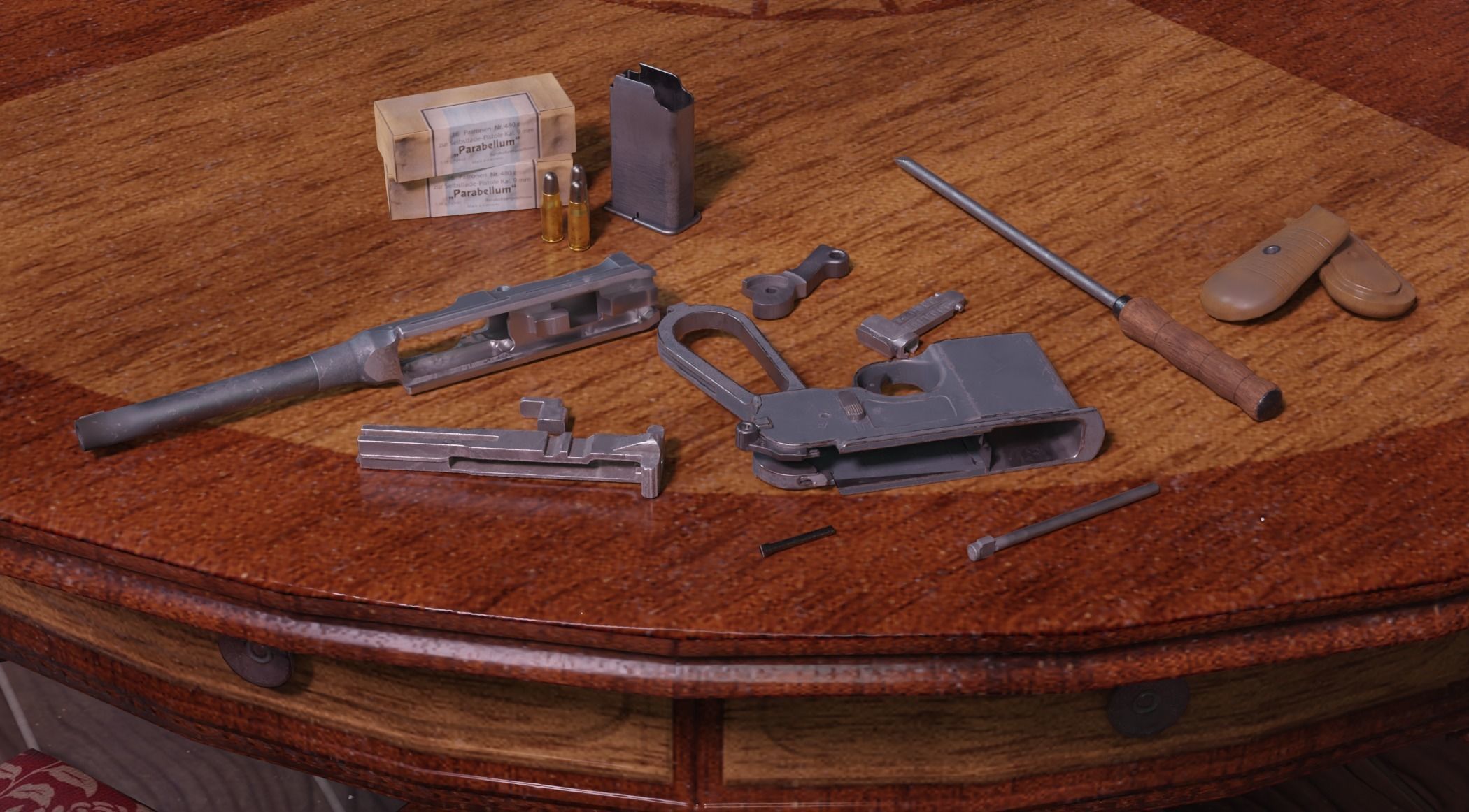 Mauser C96 Broomhandle with carry  case low poly game asset Low-poly 3D model_7