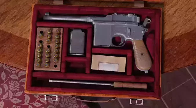 Mauser C96 Broomhandle with carry  case low poly game asset