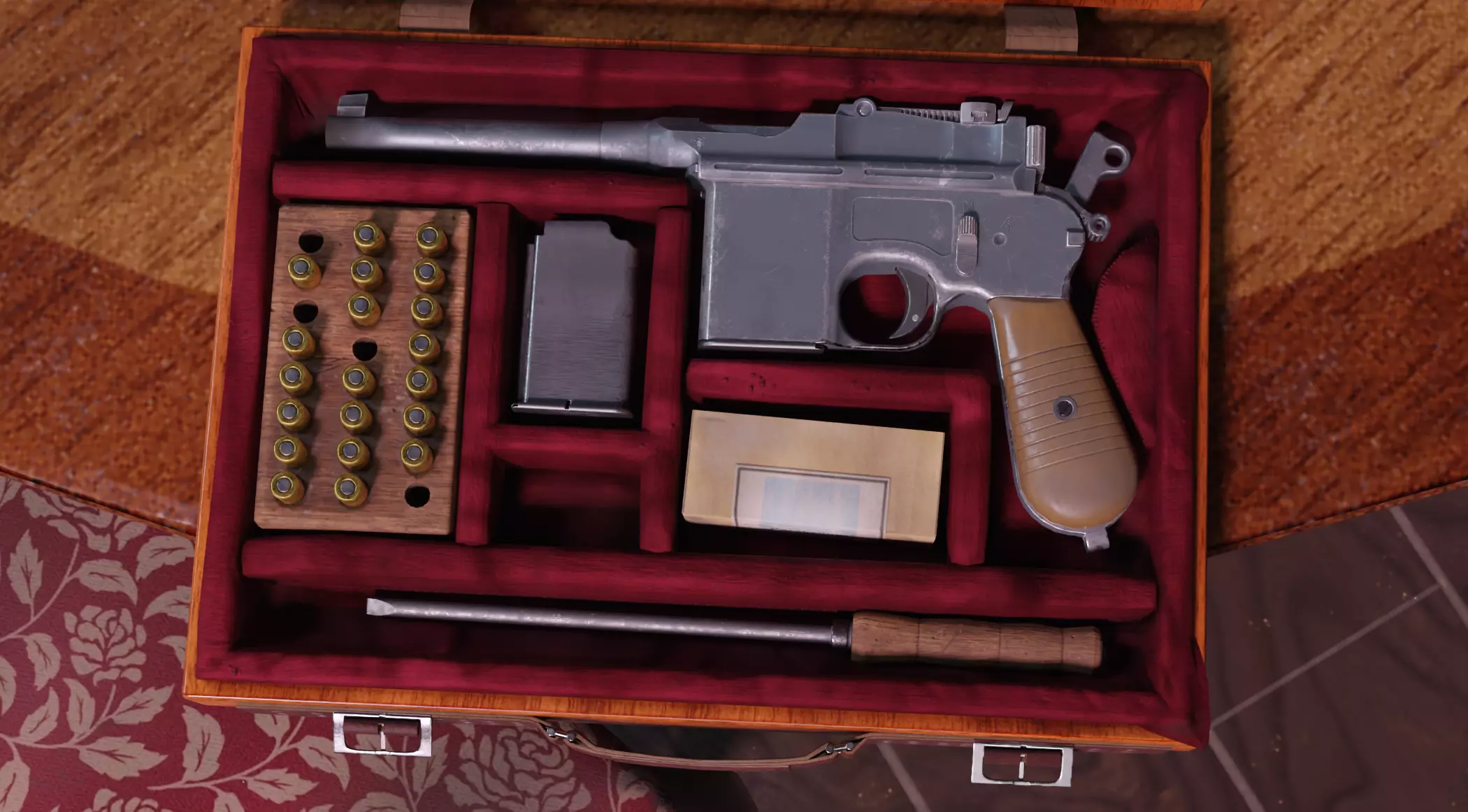 Mauser C96 Broomhandle with carry  case low poly game asset Low-poly 3D model_0