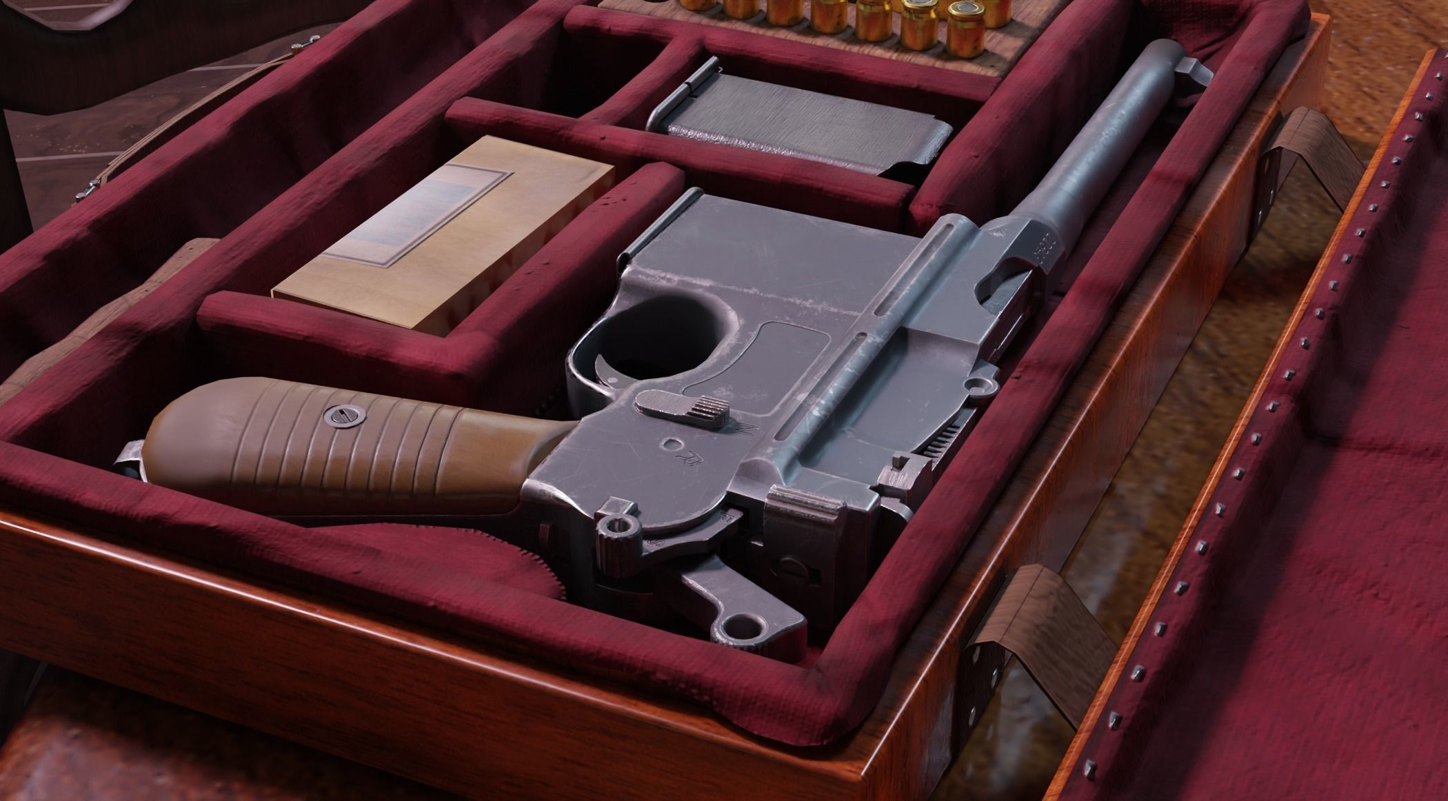 Mauser C96 Broomhandle with carry  case low poly game asset Low-poly 3D model_4