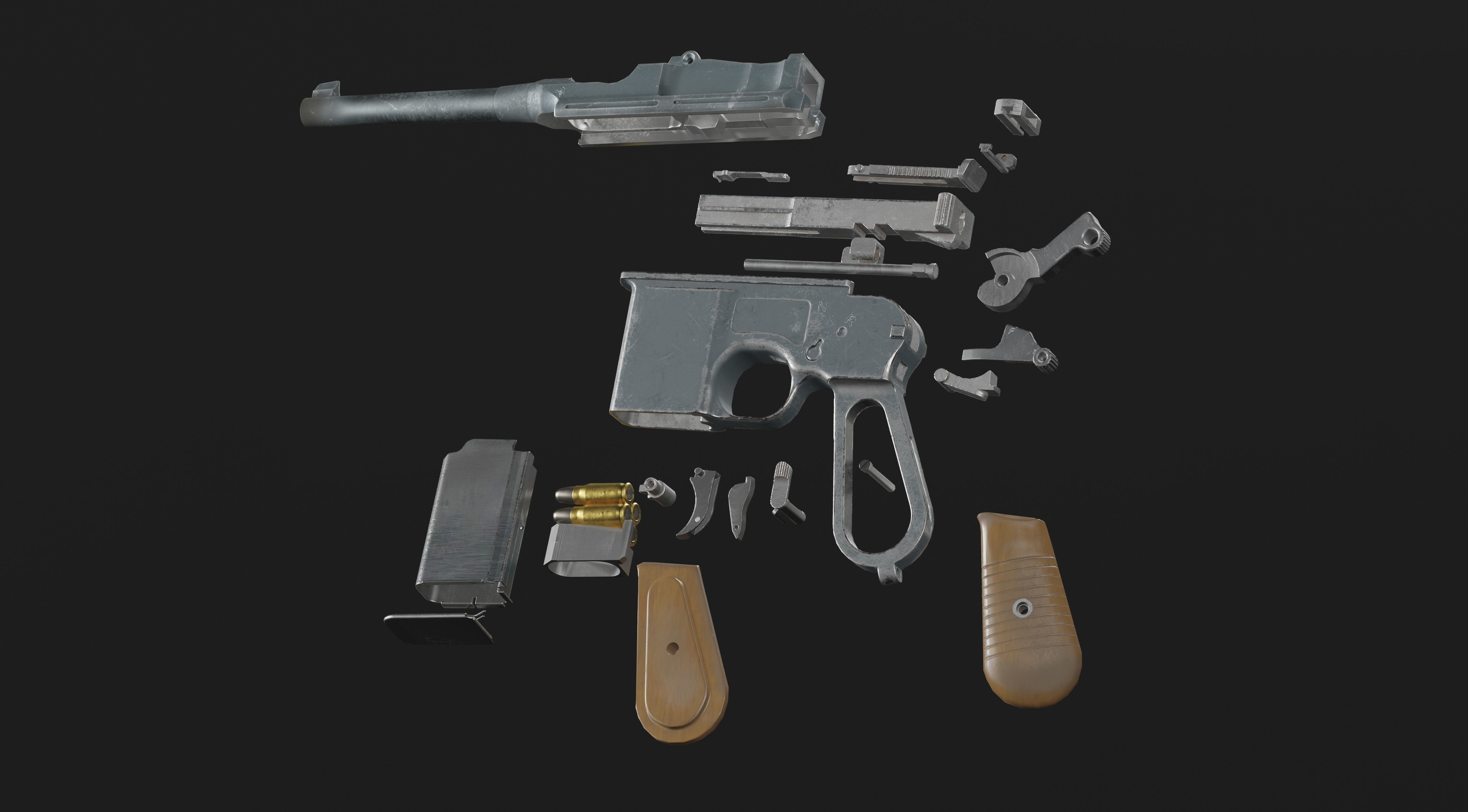 Mauser C96 Broomhandle with carry  case low poly game asset Low-poly 3D model_19