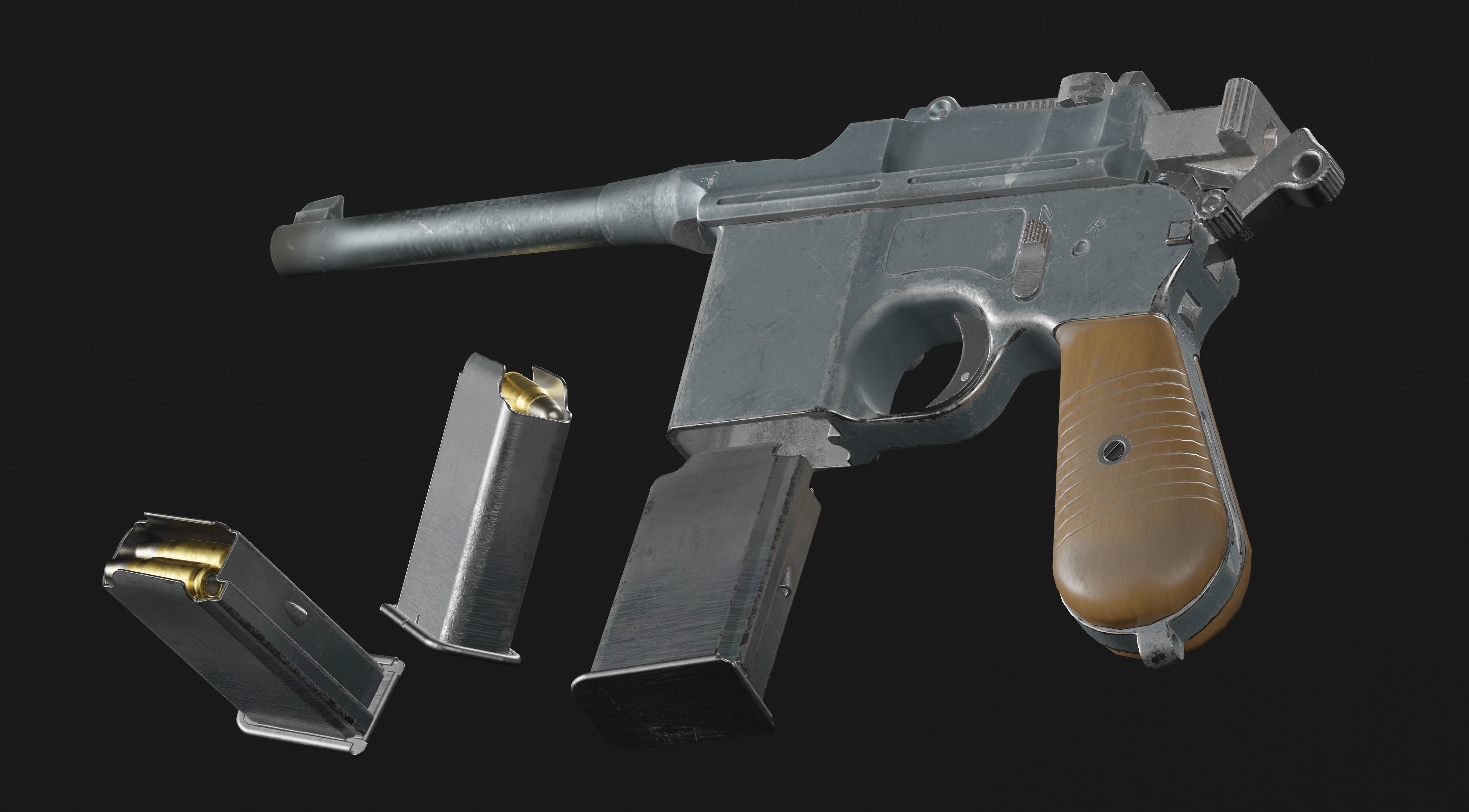 Mauser C96 Broomhandle with carry  case low poly game asset Low-poly 3D model_14