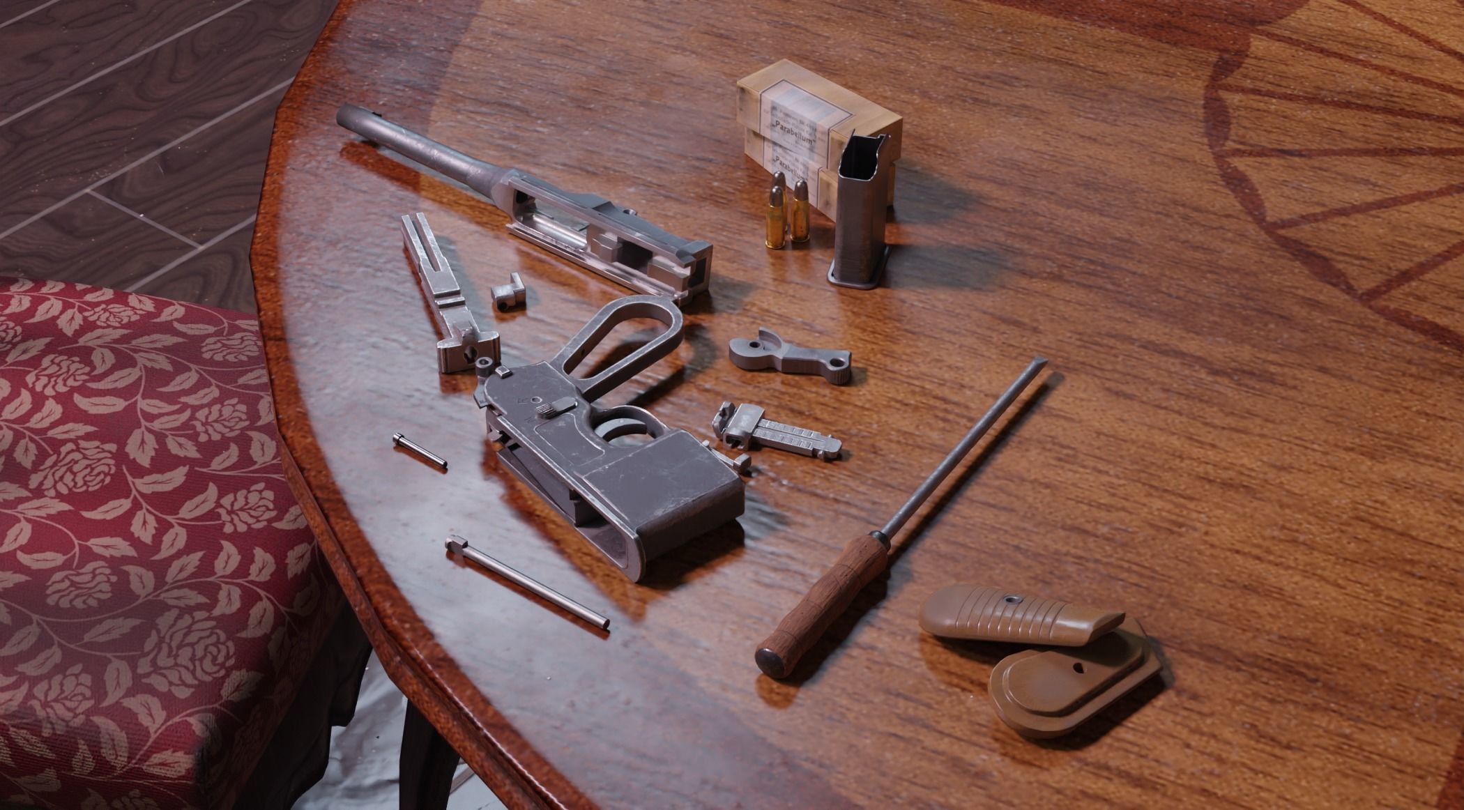 Mauser C96 Broomhandle with carry  case low poly game asset Low-poly 3D model_8