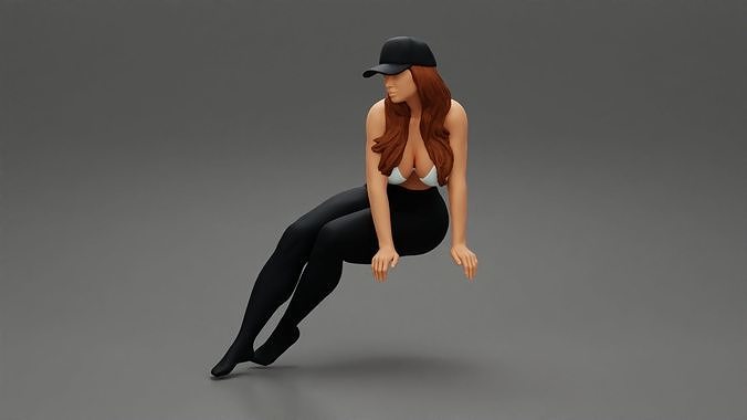 Sexy woman in pants bra and cap sitting on chair 3D print model