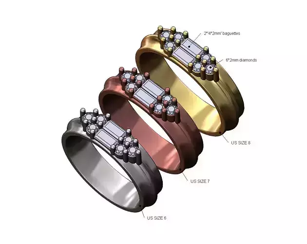 Rounded lip baguette cluster diamond ring US sizes 6 7 8 