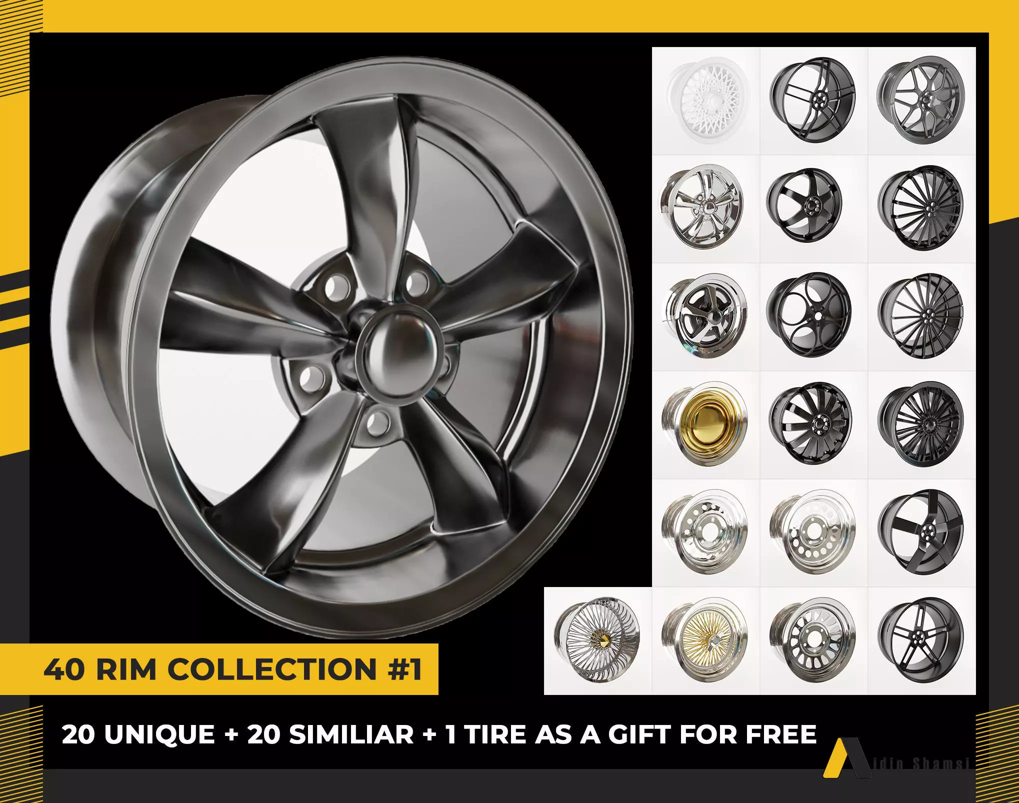 40 Rim Collection1 20 unique rim 20 similar 1 tire as gift 3D model