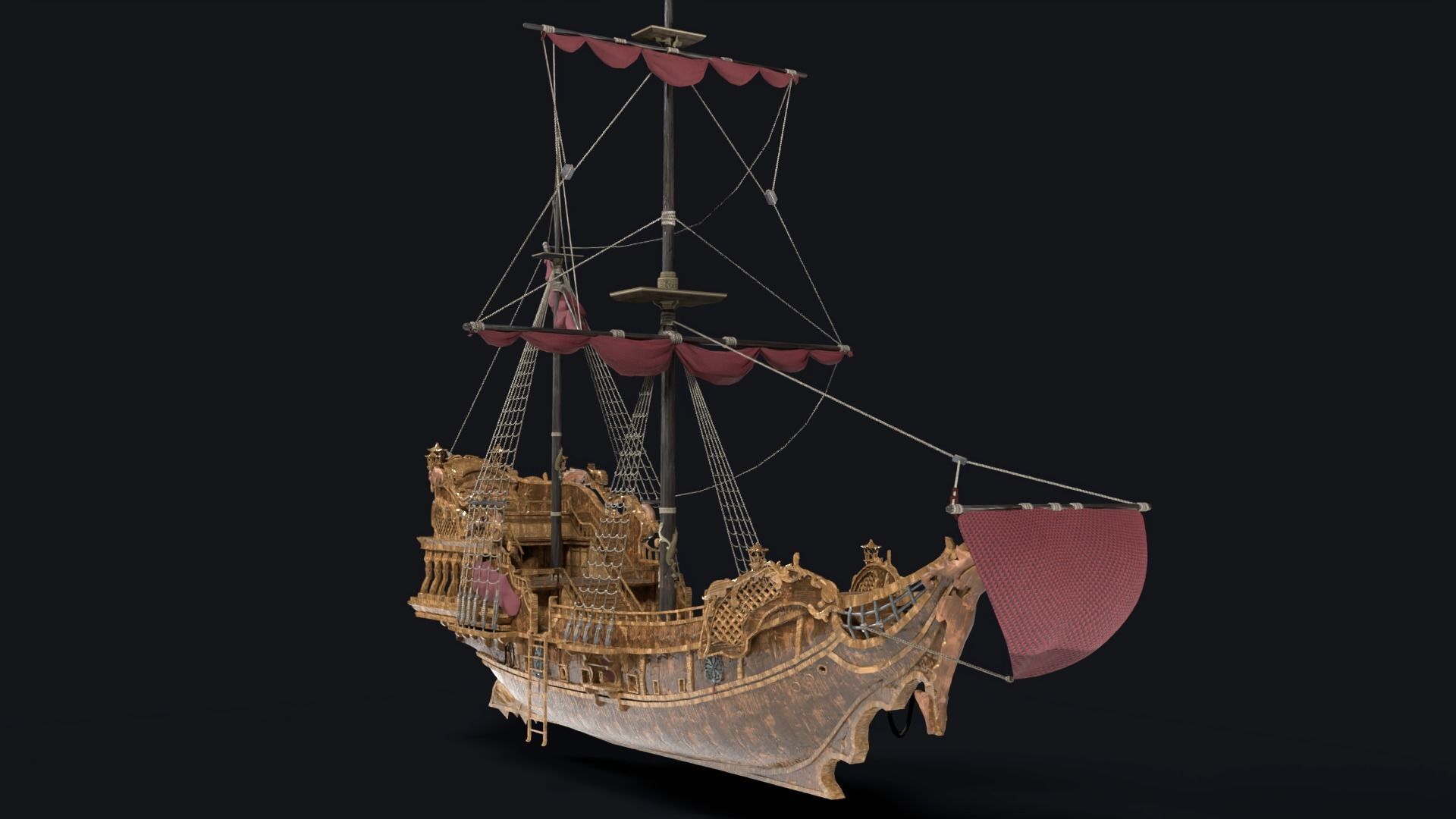 Realistic pirate ship Low-poly 3D model_1