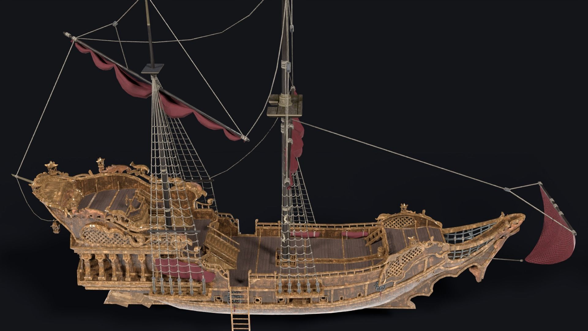 Realistic pirate ship Low-poly 3D model_4
