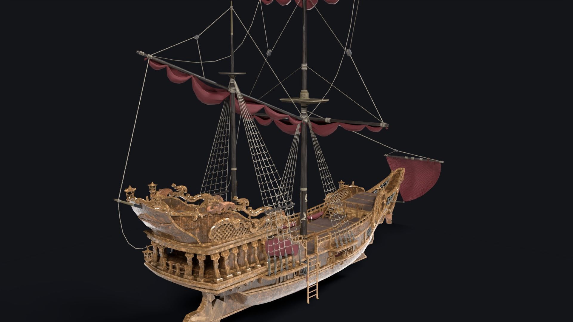 Realistic pirate ship Low-poly 3D model_3