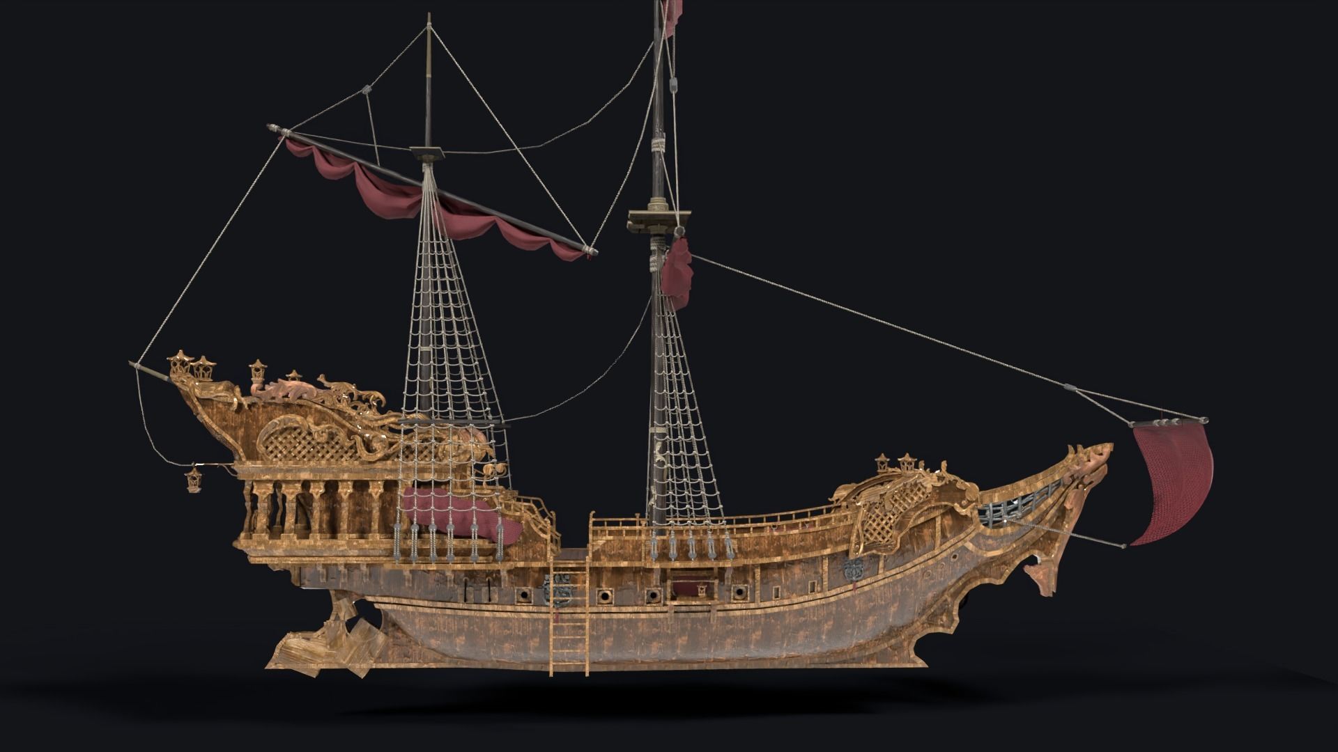 Realistic pirate ship Low-poly 3D model_11